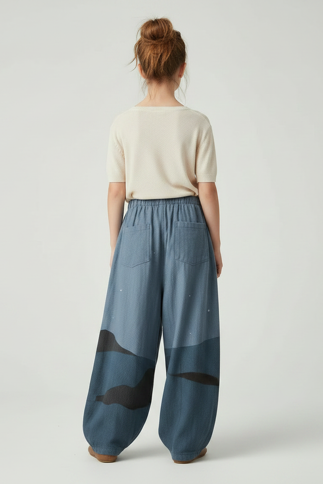 Pantalon Japonais Bleu Nuit Ample Imprimé Lune Chat - Coton - vue 2