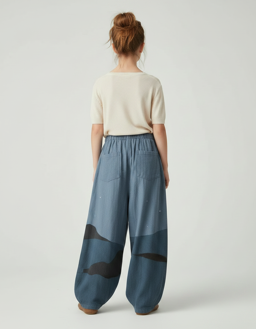 Pantalon Japonais Bleu Nuit Ample Imprimé Lune Chat - Coton - vue 2