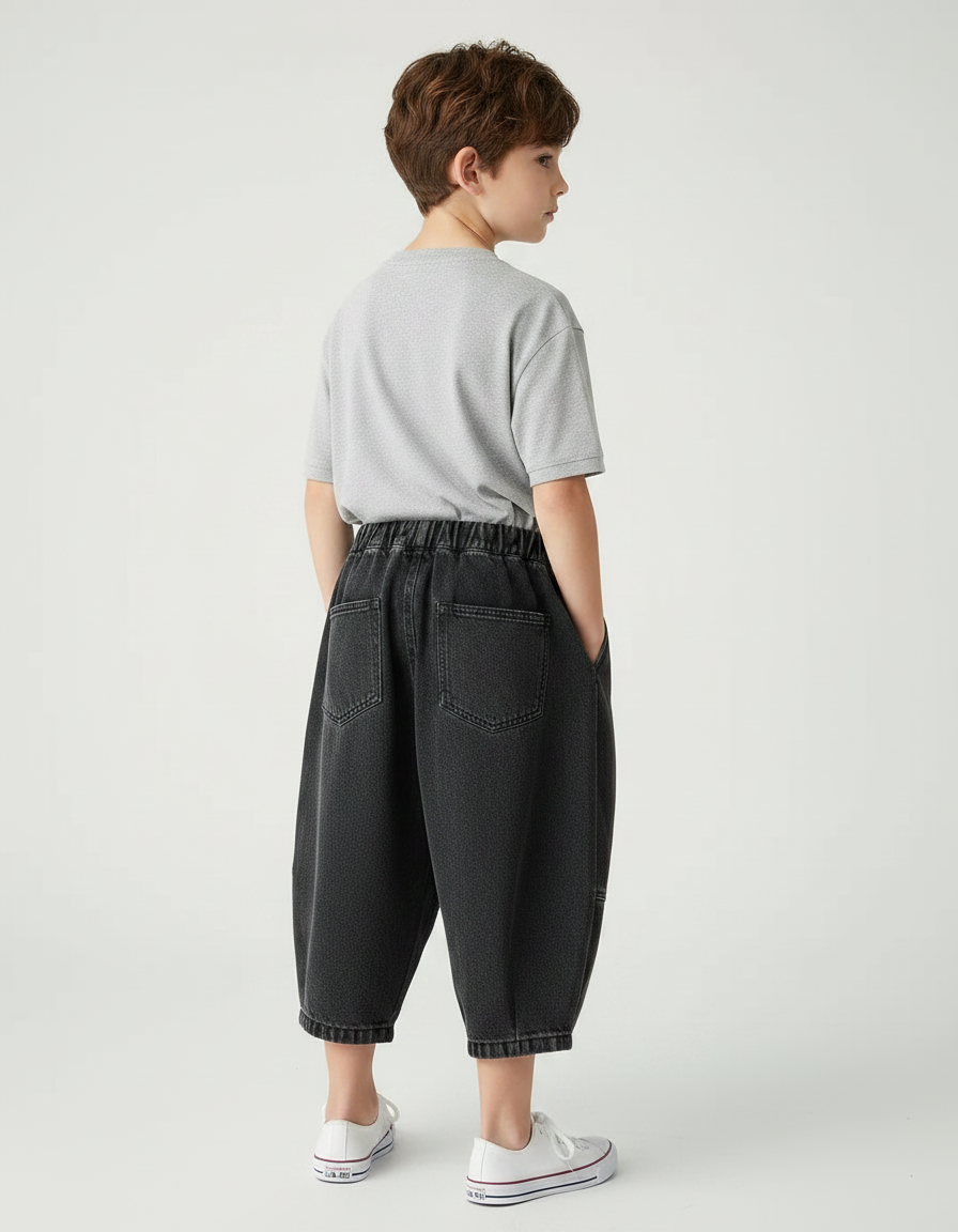 Pantalon Japonais Noir Ample Denim Enfant Décontracté Plié - Jean - vue 2