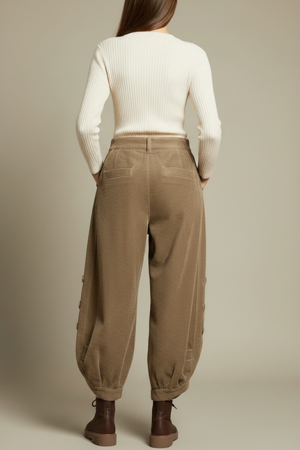 Pantalon Japonais Velours Côtelé Marron Ample Boutons Harem - Cordé - vue 2