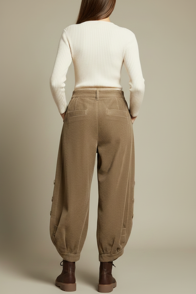 Pantalon Japonais Velours Côtelé Marron Ample Boutons Harem - Cordé - vue 2