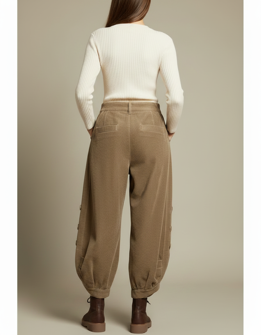 Pantalon Japonais Velours Côtelé Marron Ample Boutons Harem - Cordé - vue 2