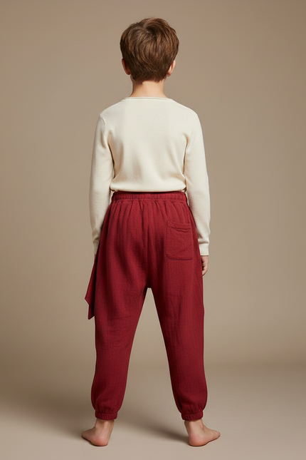 Pantalon Japonais Rouge Brodé Ample Coton Enfant - Bordeaux - vue 2