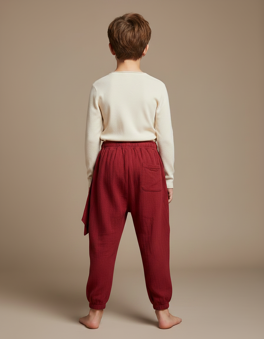 Pantalon Japonais Rouge Brodé Ample Coton Enfant - Bordeaux - vue 2