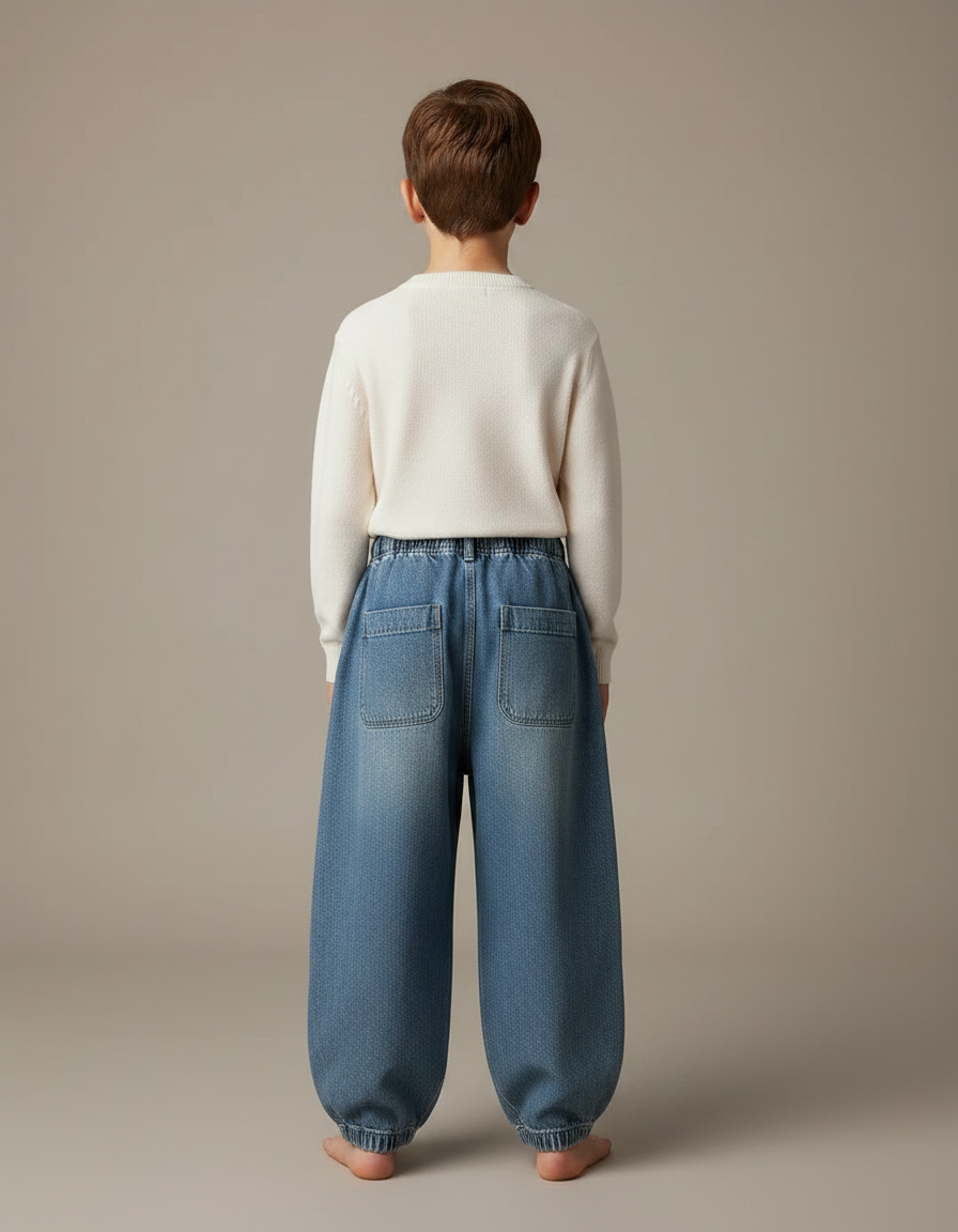 Pantalon Japonais Denim Ample Enfant Cargo Élastique - Bleu Jean - vue 2