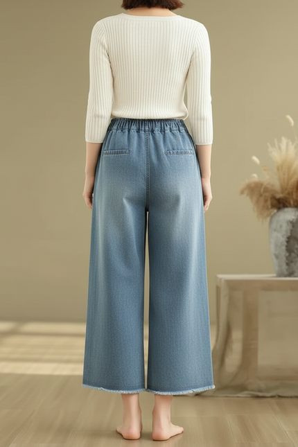 Pantalon Japonais Denim Ample Brodé Fleur Femme - Bleu Jean - vue 2