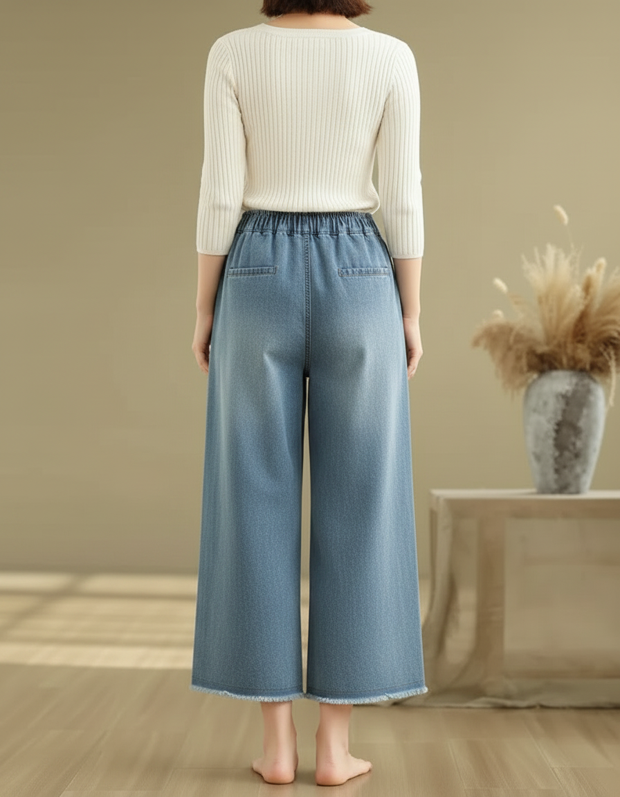 Pantalon Japonais Denim Ample Brodé Fleur Femme - Bleu Jean - vue 2