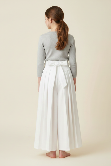 Pantalon Japonais Plissé Blanc Ample Ceinturé Fille - Gabardine - vue 2