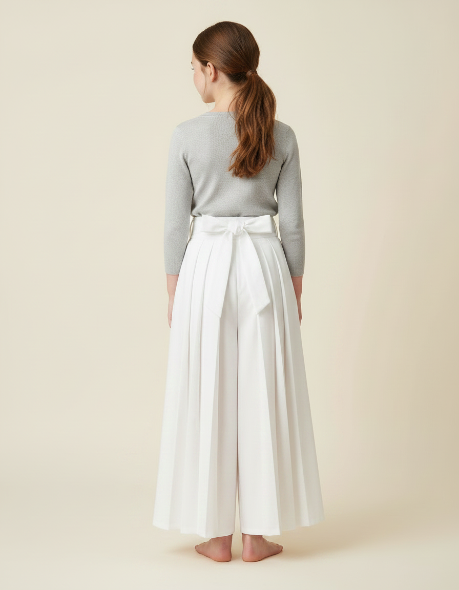 Pantalon Japonais Plissé Blanc Ample Ceinturé Fille - Gabardine - vue 2