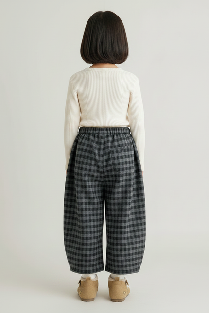 Pantalon Japonais Carreaux Ample Hiver Enfant - Gris Laine - vue 2