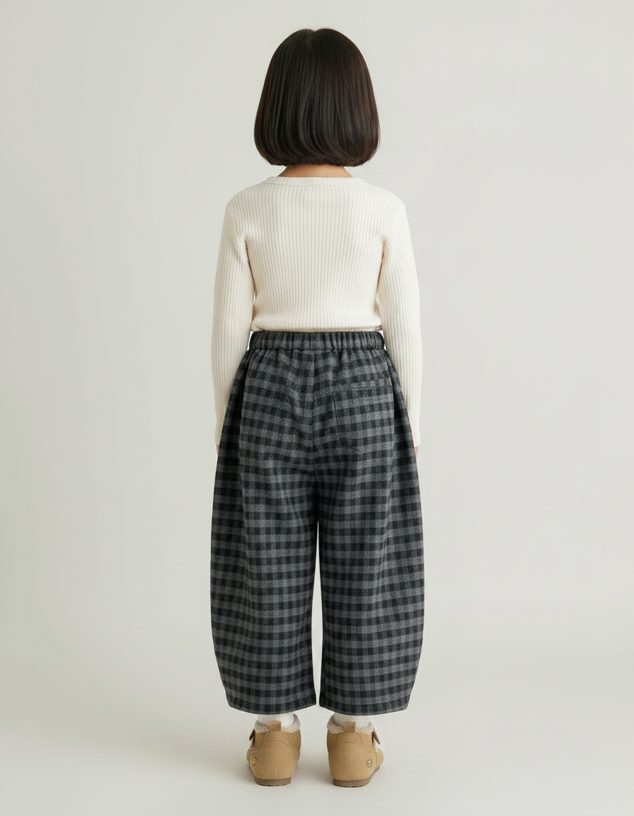 Pantalon Japonais Carreaux Ample Hiver Enfant - Gris Laine - vue 2