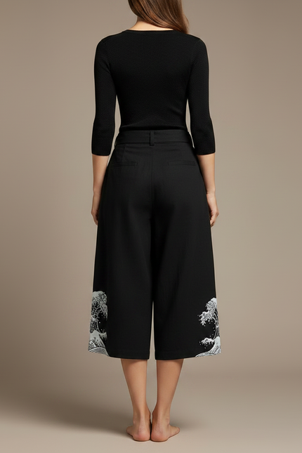 Pantalon Japonais Noir Fluide Brodé Vagues - Viscose - vue 2