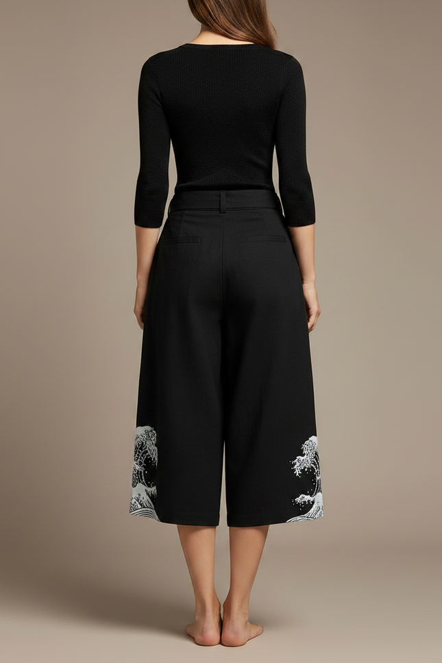 Pantalon Japonais Noir Fluide Brodé Vagues - Viscose - vue 2