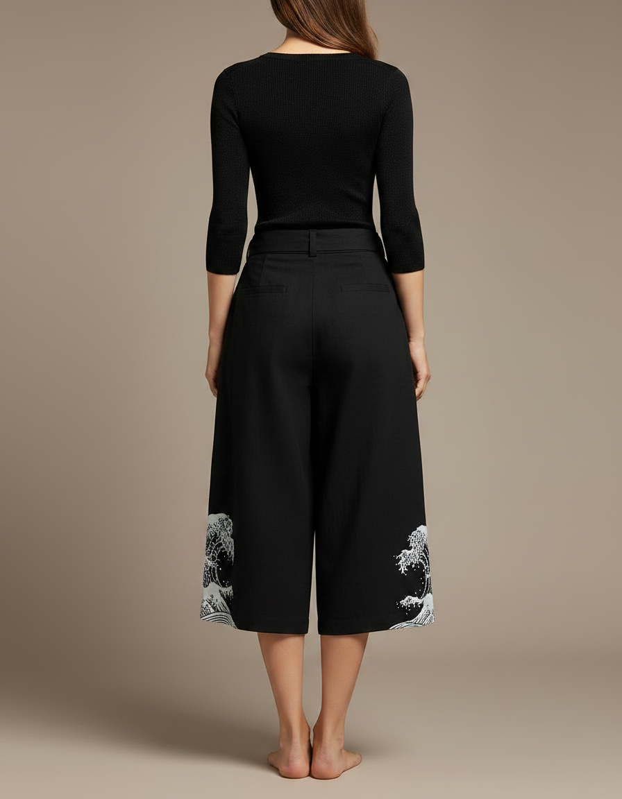 Pantalon Japonais Noir Fluide Brodé Vagues - Viscose - vue 2
