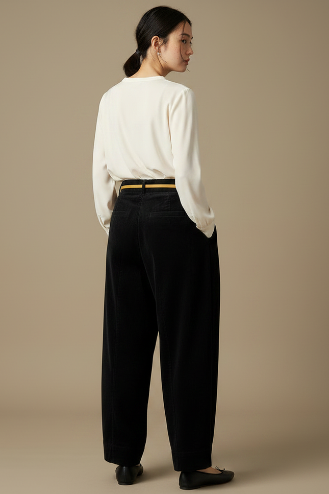 Pantalon Japonais Velours Côtelé Ample Noir Ceinture Jaune - Cordé - vue 2