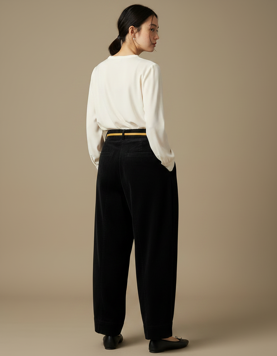 Pantalon Japonais Velours Côtelé Ample Noir Ceinture Jaune - Cordé - vue 2