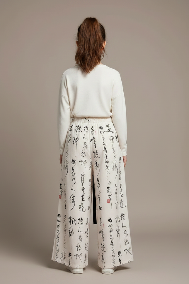 Pantalon Japonais Large Fluide Imprimé Calligraphie Crème - Beige Viscose - vue 2