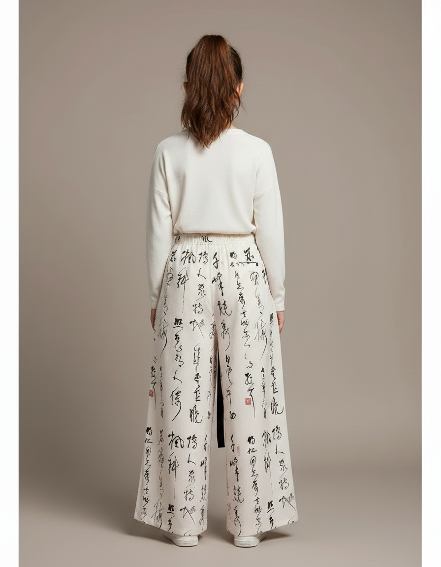 Pantalon Japonais Large Fluide Imprimé Calligraphie Crème - Beige Viscose - vue 2