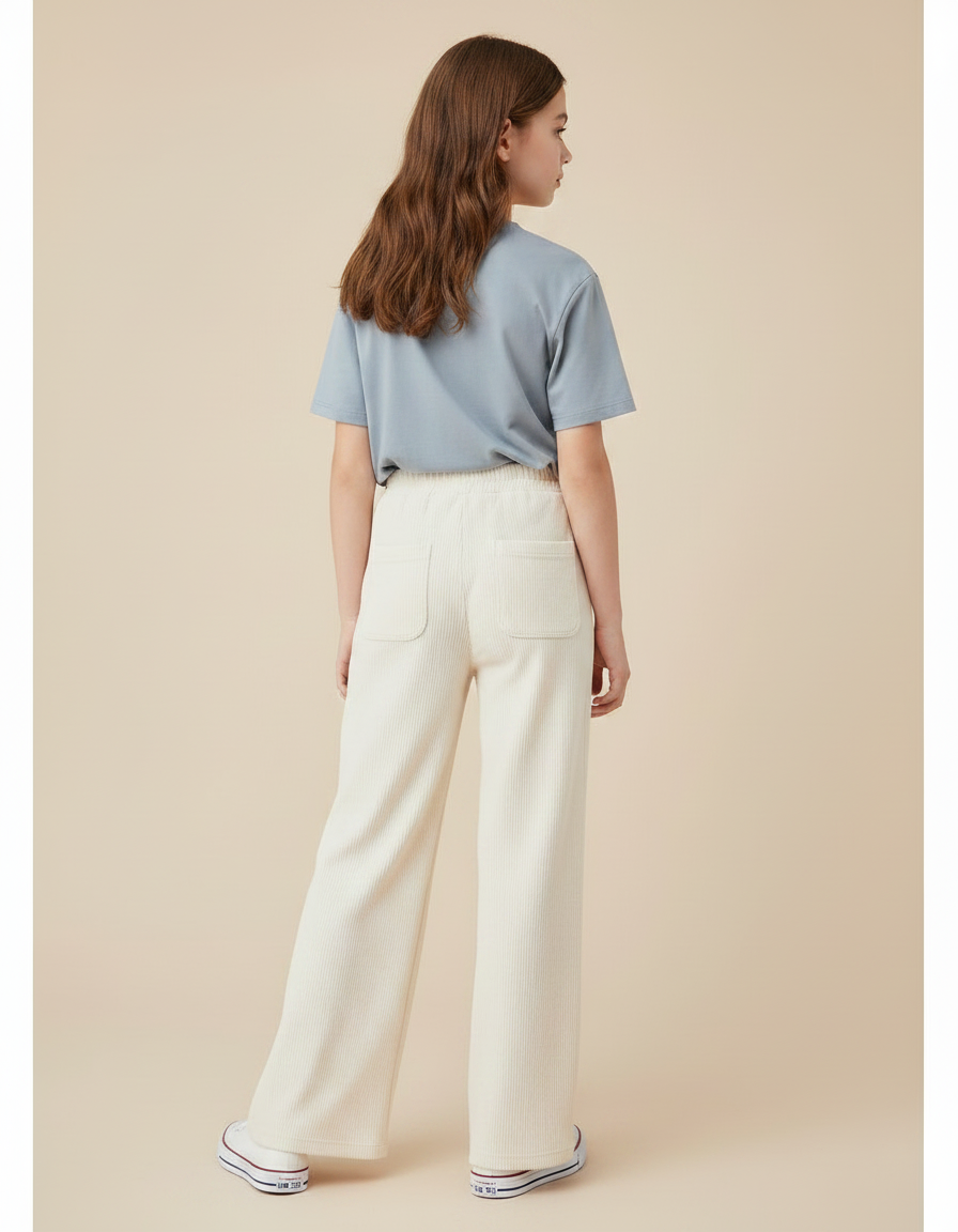 Pantalon Japonais Côtelé Crème Ample Fille Décontracté - Beige Cordé - vue 2