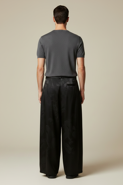 Pantalon Japonais Noir Satin Jacquard Dragon Ample Homme - vue 2