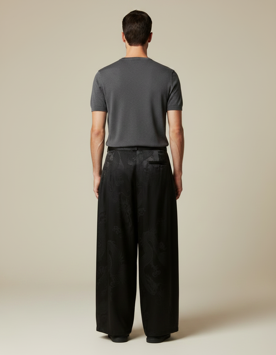 Pantalon Japonais Noir Satin Jacquard Dragon Ample Homme - vue 2