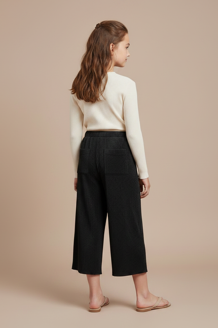 Pantalon Japonais Noir Plissé Ample Décontracté Fille - Cordé - vue 2
