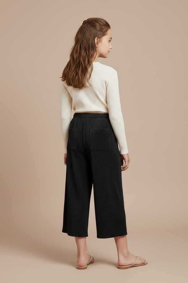 Pantalon Japonais Noir Plissé Ample Décontracté Fille - Cordé - vue 2