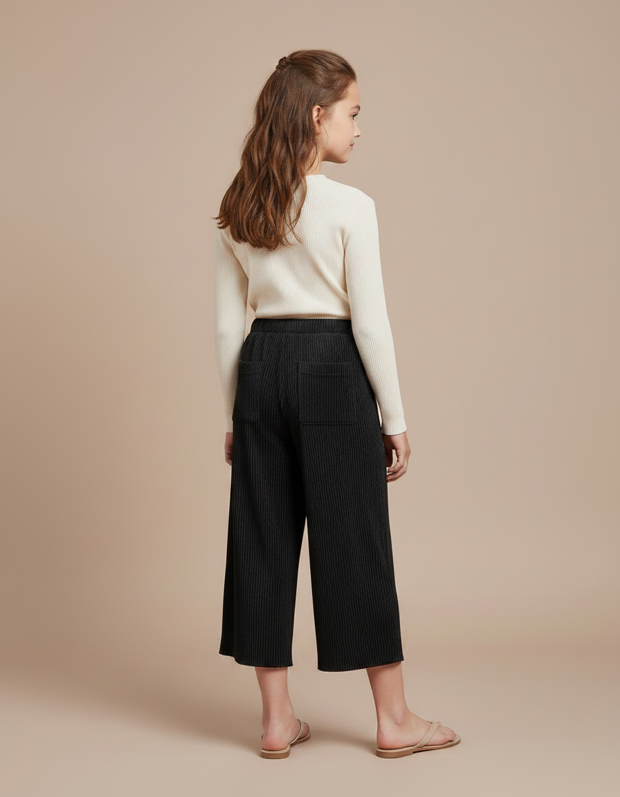 Pantalon Japonais Noir Plissé Ample Décontracté Fille - Cordé - vue 2