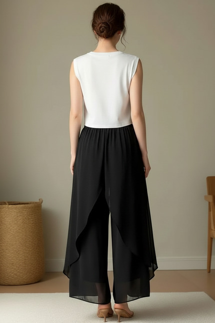 Pantalon Japonais Noir Fluide Chiffon Ample Asymétrique - Polyester - vue 2