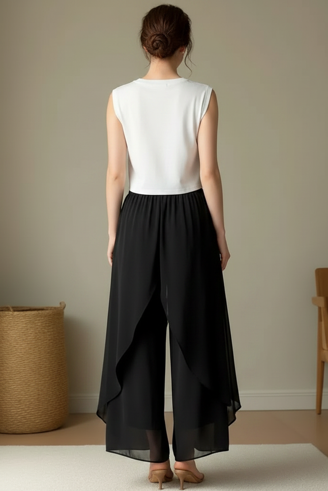 Pantalon Japonais Noir Fluide Chiffon Ample Asymétrique - Polyester - vue 2