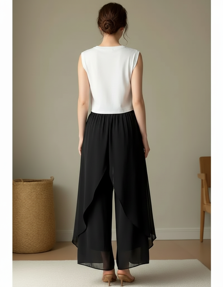 Pantalon Japonais Noir Fluide Chiffon Ample Asymétrique - Polyester - vue 2