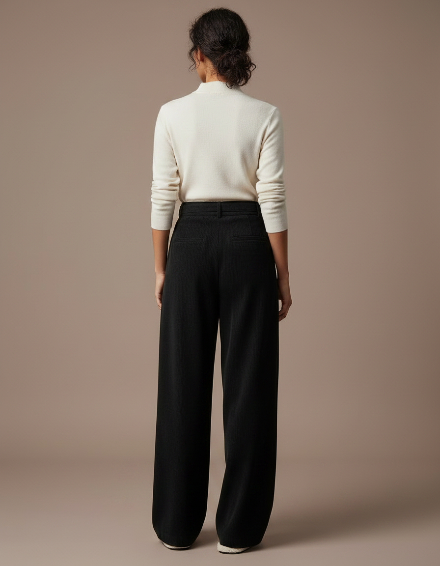 Pantalon Japonais Noir Côtelé Ample Plissé Élégant - Cordé - vue 2