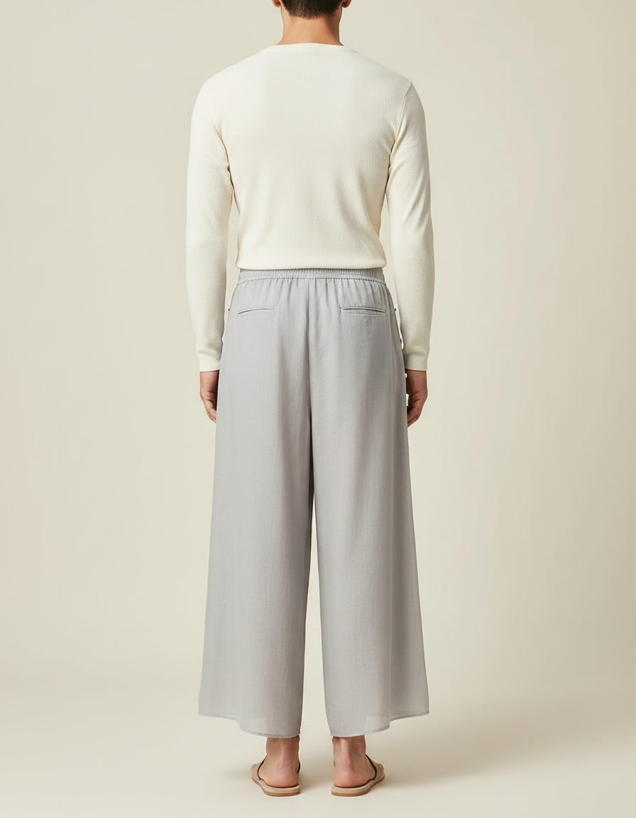 Pantalon Japonais Gris Ample Brodé Confortable Décontracté - Viscose - vue 2