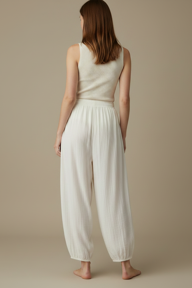 Pantalon Japonais Ample Fluide Écru Décontracté Femme - Beige Lin - vue 2