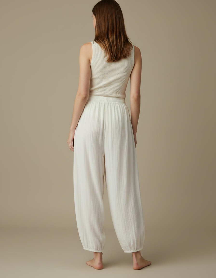 Pantalon Japonais Ample Fluide Écru Décontracté Femme - Beige Lin - vue 2