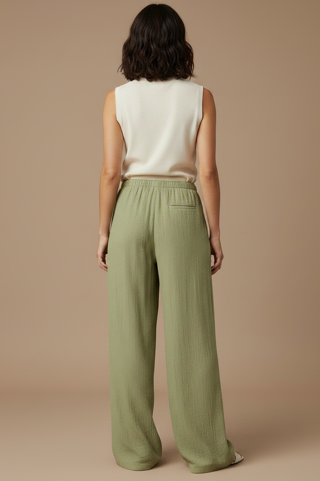 Pantalon Japonais Vert Lin Ample Fluide Femme - vue 2