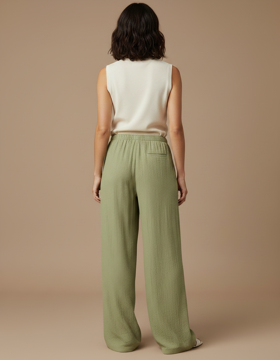 Pantalon Japonais Vert Lin Ample Fluide Femme - vue 2
