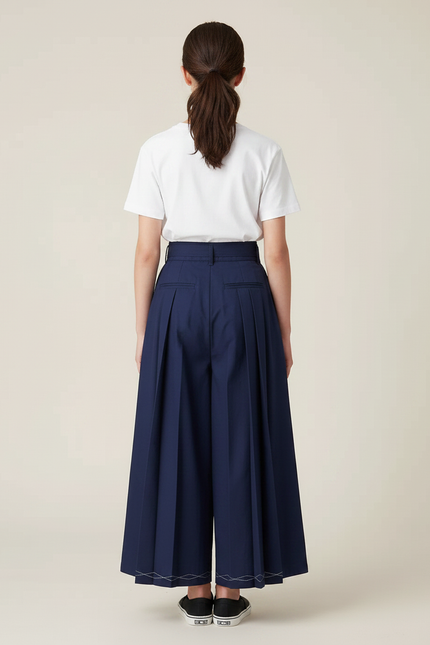 Pantalon Japonais Bleu Marine Plissé Large Coton - Gabardine - vue 2