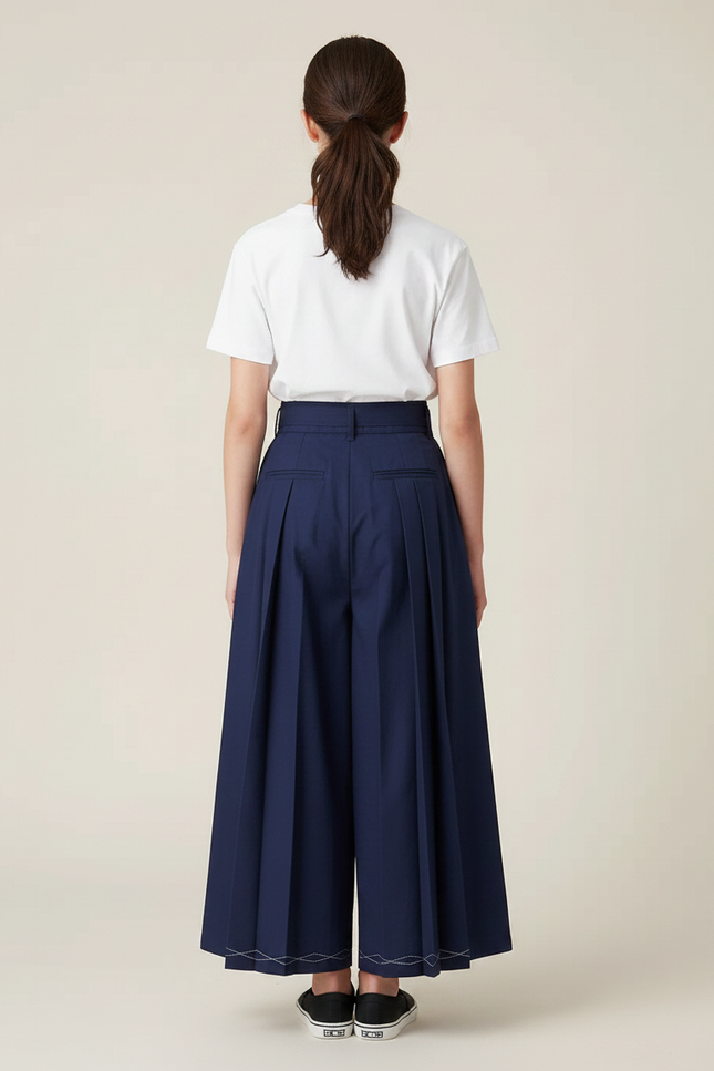 Pantalon Japonais Bleu Marine Plissé Large Coton - Gabardine - vue 2