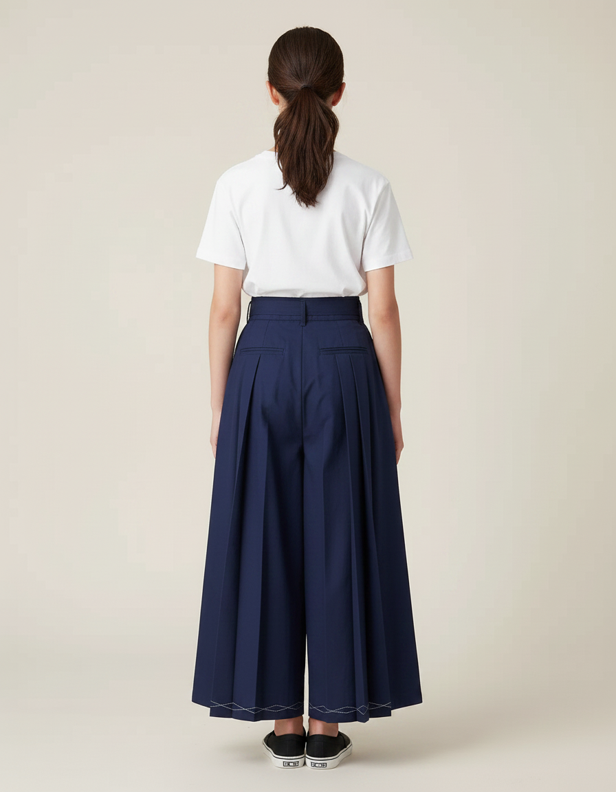Pantalon Japonais Bleu Marine Plissé Large Coton - Gabardine - vue 2
