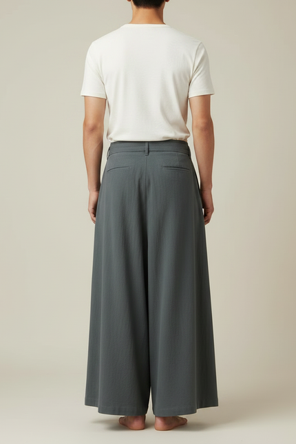 Pantalon Japonais Gris Ample Ceinturé Fluide Homme - Lin - vue 2