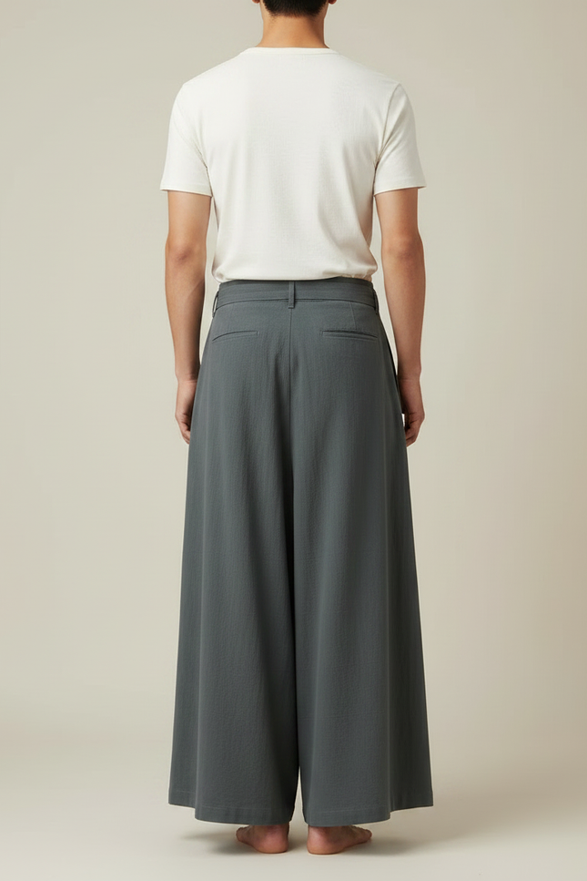 Pantalon Japonais Gris Ample Ceinturé Fluide Homme - Lin - vue 2