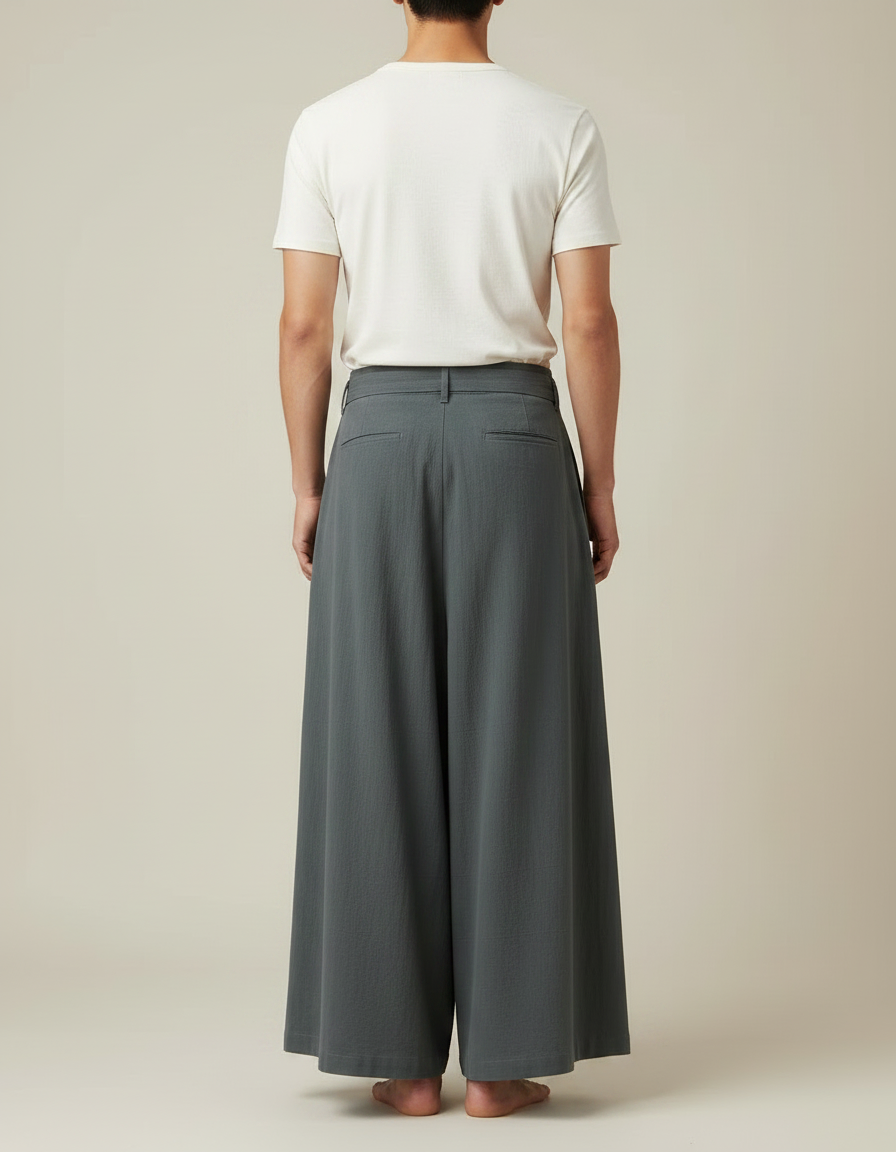 Pantalon Japonais Gris Ample Ceinturé Fluide Homme - Lin - vue 2