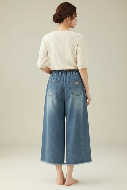 Pantalon Japonais Denim Brodé Fleuri Ample Décontracté - Bleu Jean - vue 2