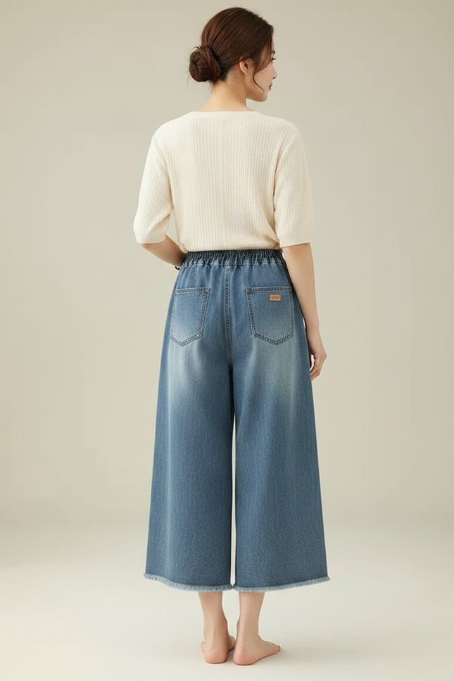 Pantalon Japonais Denim Brodé Fleuri Ample Décontracté - Bleu Jean - vue 2
