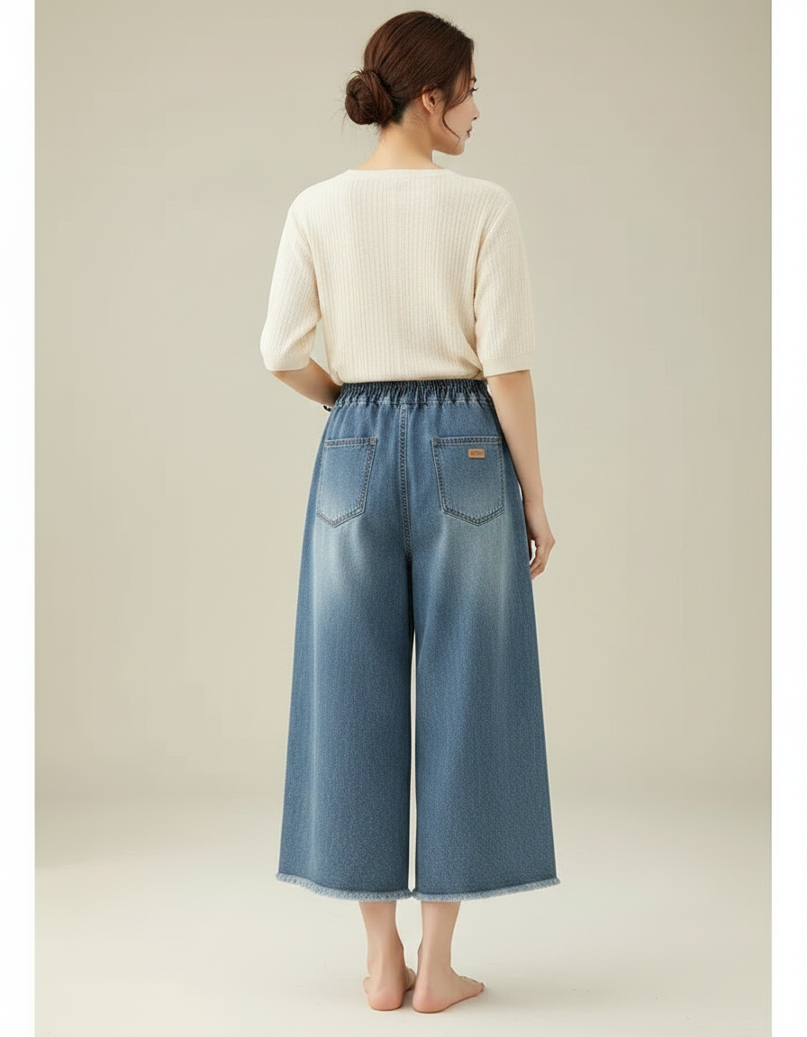Pantalon Japonais Denim Brodé Fleuri Ample Décontracté - Bleu Jean - vue 2