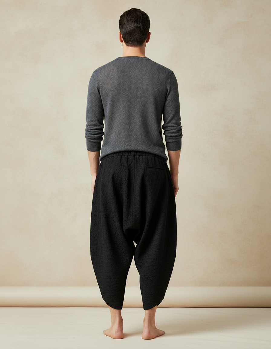Pantalon Japonais Noir Sarouel Texturé Décontracté Homme - Coton - vue 2