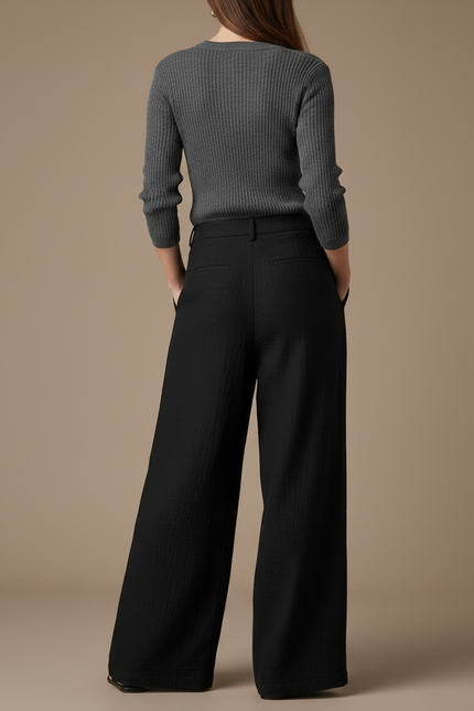 Pantalon Japonais Noir Ample Fluide Texturé Femme - Lin - vue 2