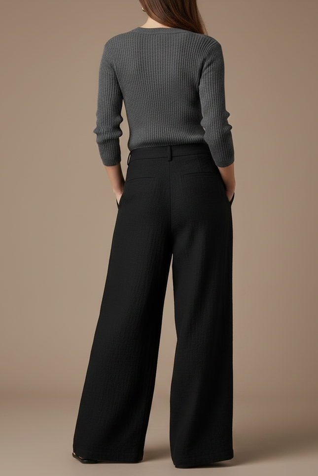 Pantalon Japonais Noir Ample Fluide Texturé Femme - Lin - vue 2
