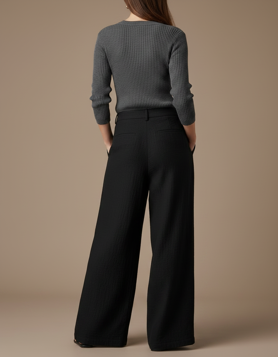 Pantalon Japonais Noir Ample Fluide Texturé Femme - Lin - vue 2